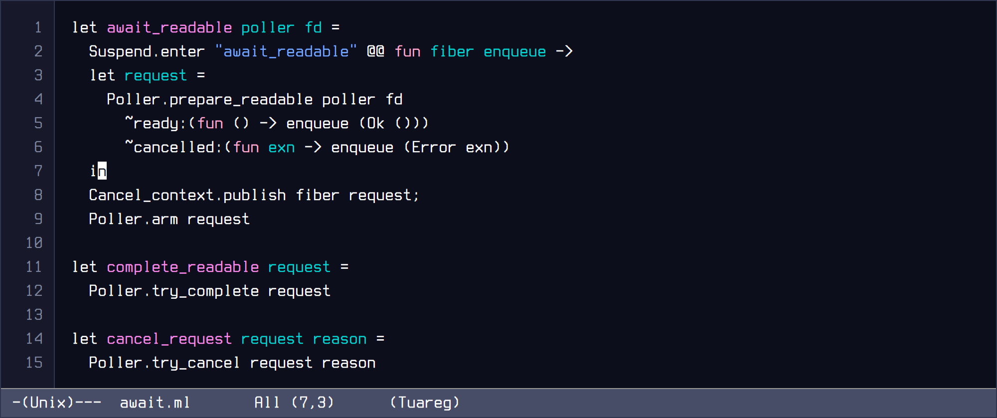 GNU Emacs Modus Vivendi capture of cancellation aware backend registration pseudocode in OCaml.