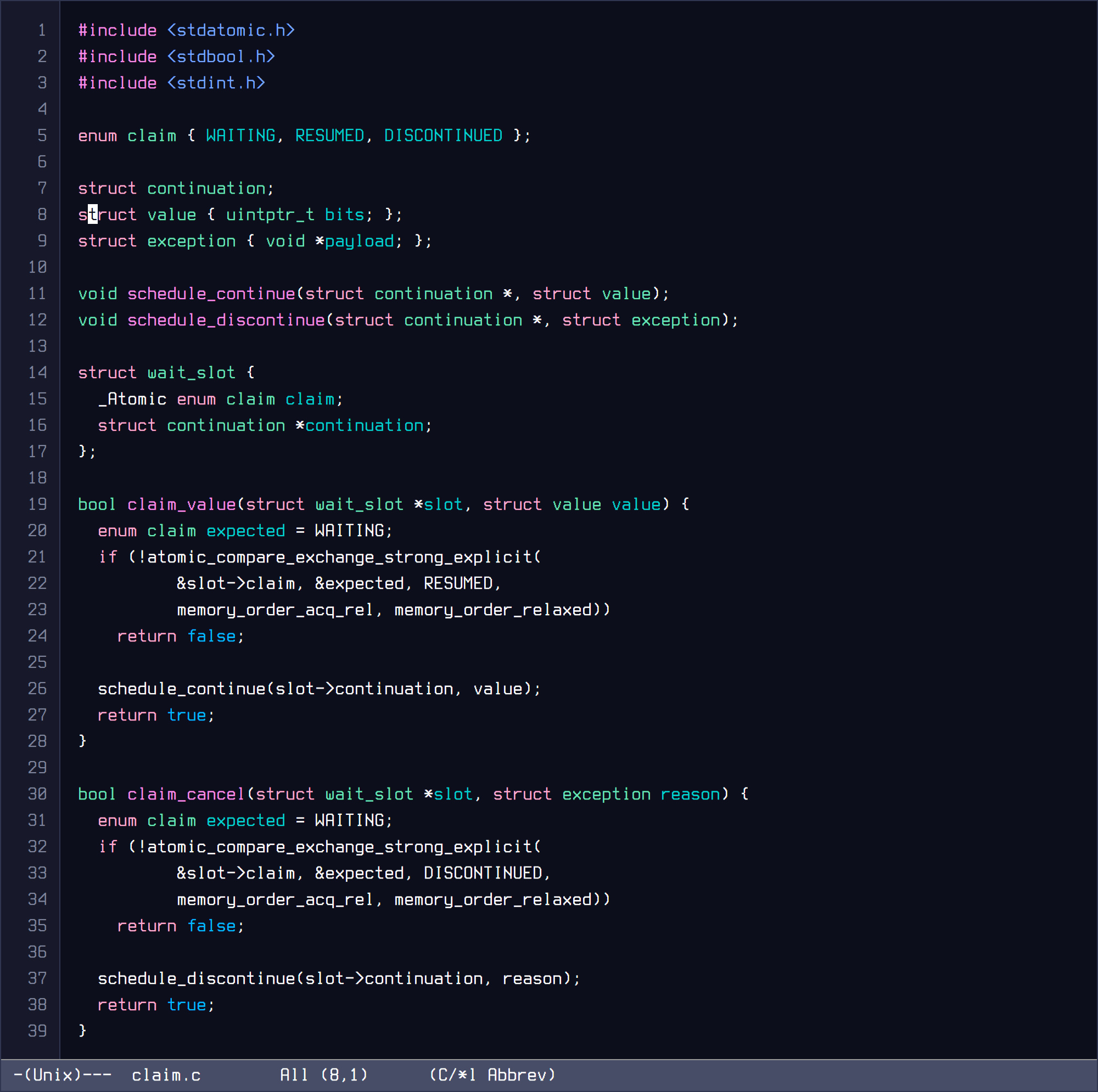 GNU Emacs Modus Vivendi capture of a C11 atomic claim used to choose between continuation and discontinuation.