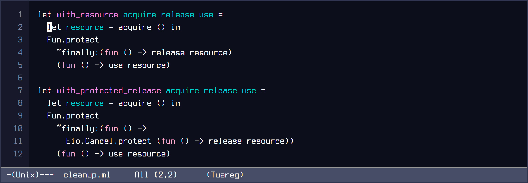 GNU Emacs Modus Vivendi capture of resource bracketing and protected release in OCaml.