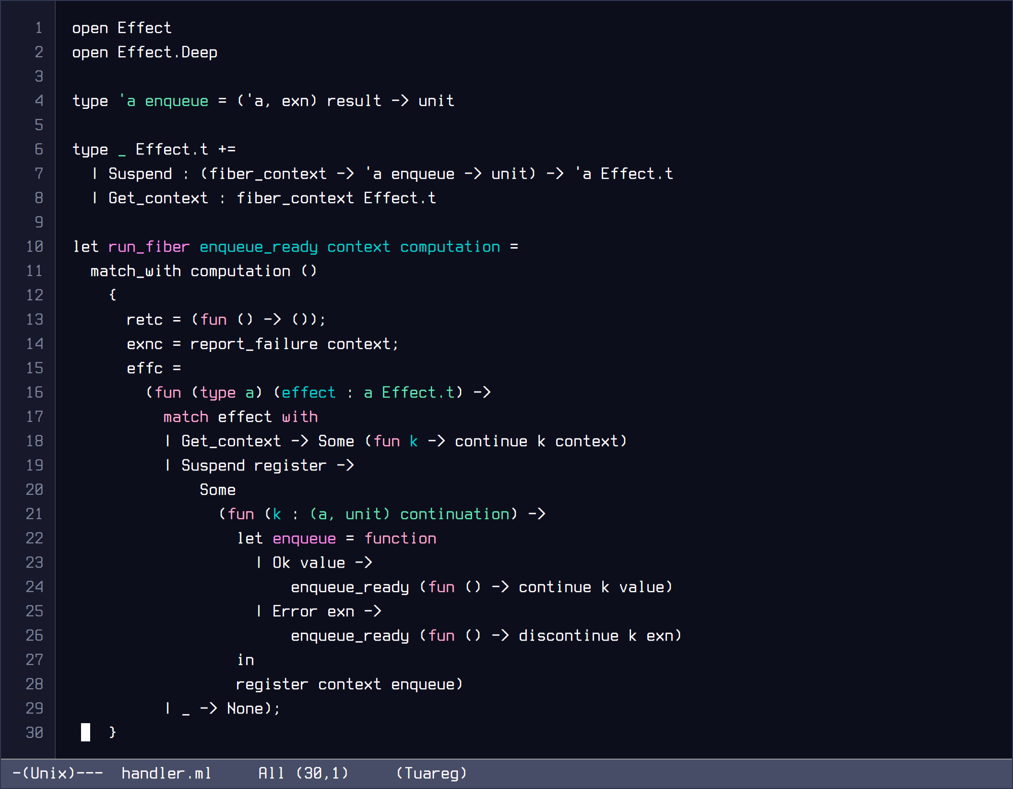GNU Emacs Modus Vivendi capture of a deep OCaml scheduler handler which continues successful operations and discontinues failed operations.