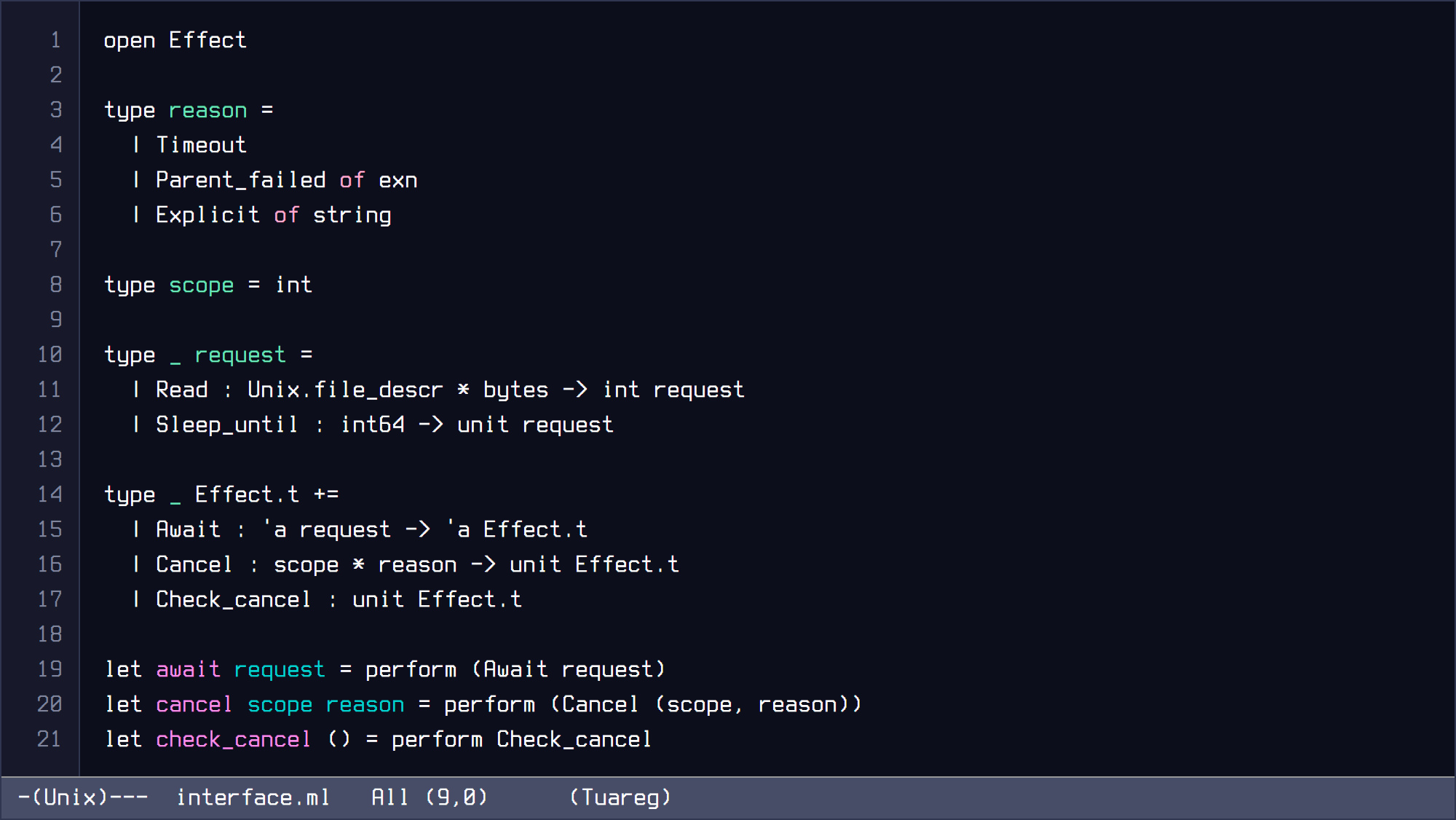 GNU Emacs Modus Vivendi capture of an OCaml effect signature for awaiting, cancellation and cancellation checks.
