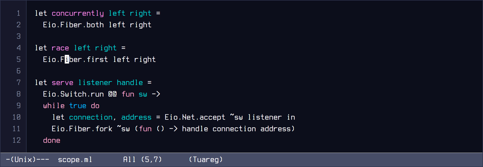 GNU Emacs Modus Vivendi capture of structured OCaml concurrency combinators and switch owned fibers.