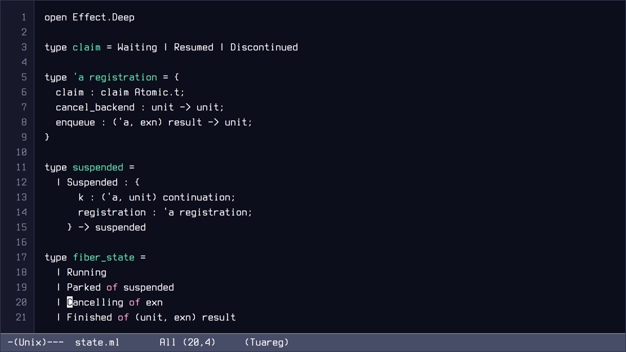 GNU Emacs Modus Vivendi capture of existential suspended continuation and fiber state types in OCaml.