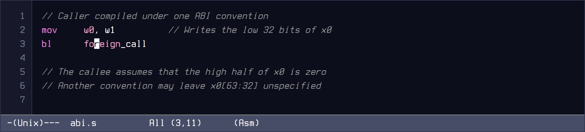 Headless GNU Emacs capture of an AArch64 call whose register interpretation depends on the ABI.
