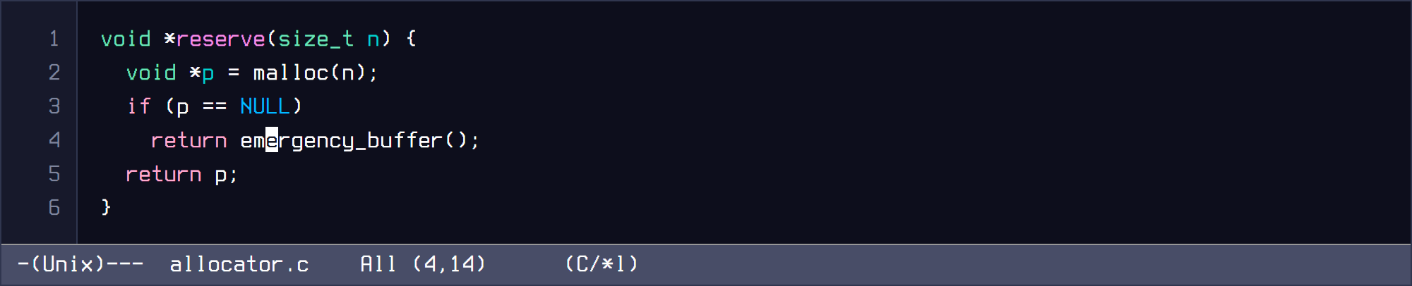 Headless GNU Emacs capture of a defensive allocation failure check in C.