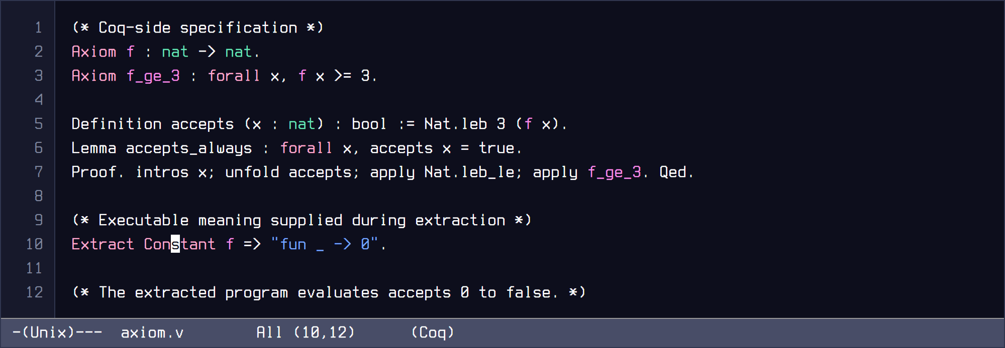 Headless GNU Emacs capture of a Coq specification, proof of its consequence and an extracted implementation that returns zero.