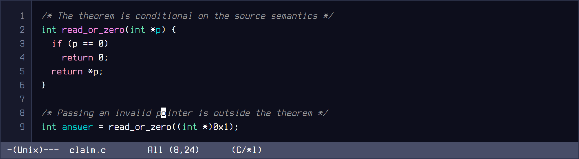 Headless GNU Emacs capture of a C function whose invalid pointer caller falls outside the compiler correctness theorem.