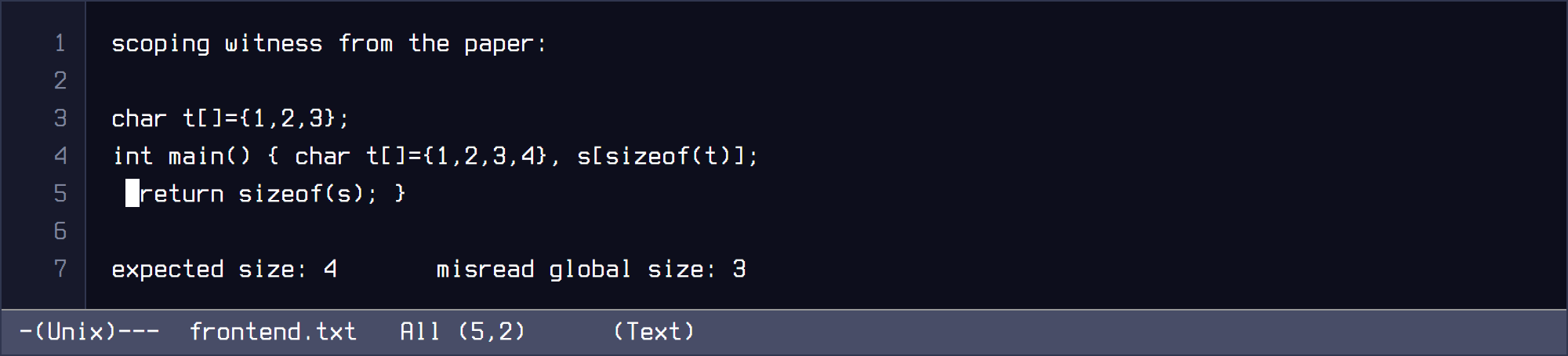 Headless GNU Emacs capture of the scoping witness and its two competing size results.