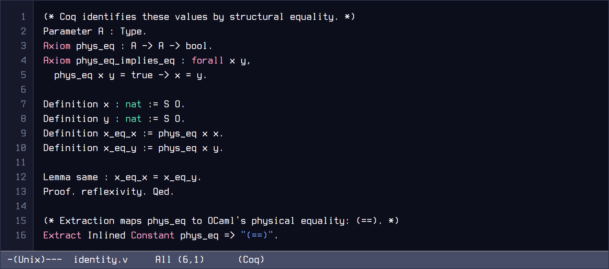 Headless GNU Emacs capture of structurally equal Coq values mapped to OCaml physical equality.