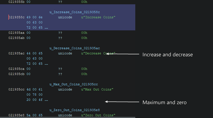 Cropped dark disassembly showing the built-in increase, decrease, maximum and zero coin controls.