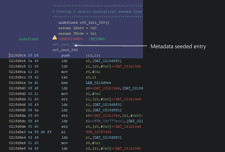 Cropped disassembly of the first initializer function seeded from overlay metadata.